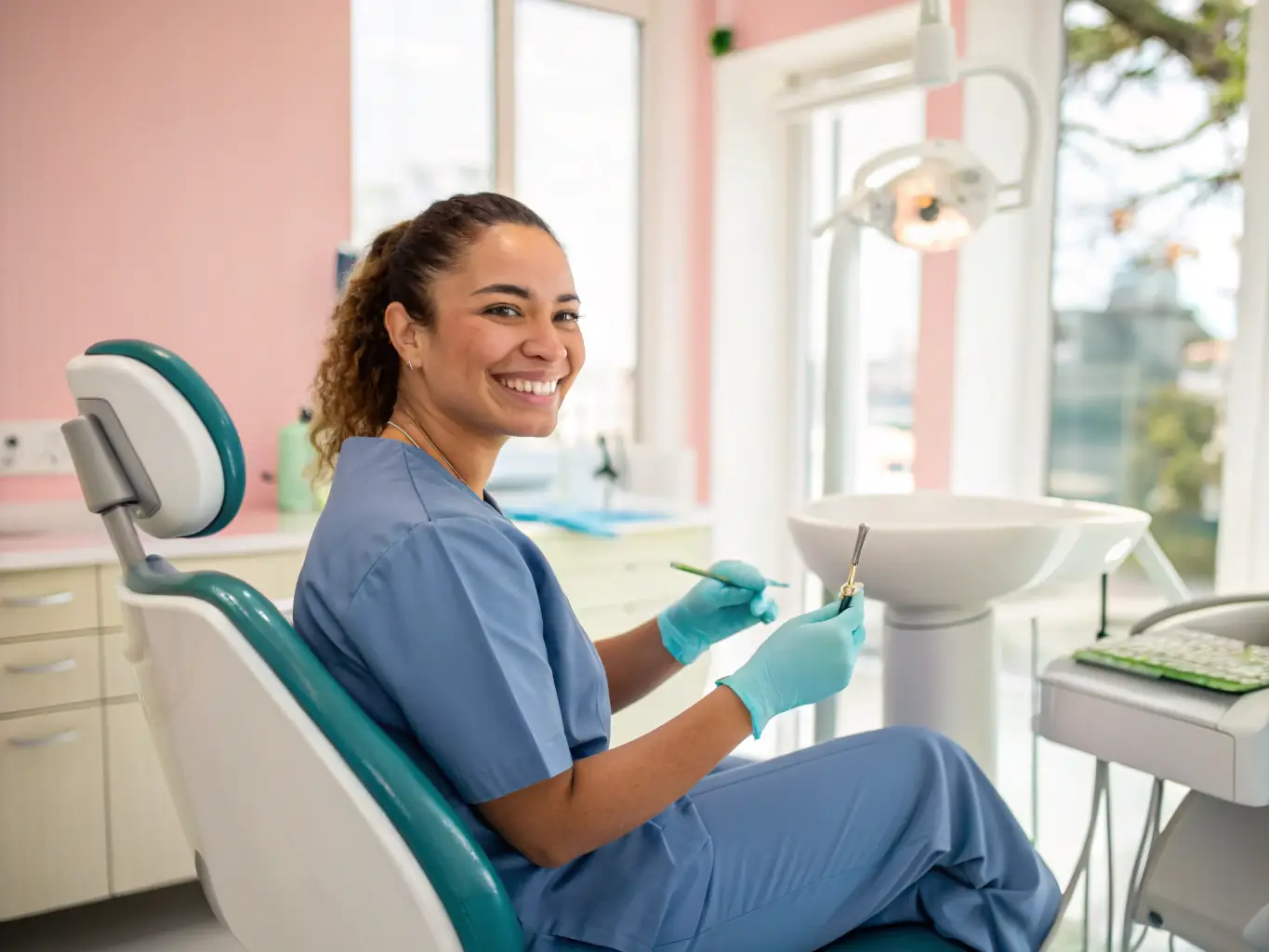 A hygienist performing a professional cleaning on a patient in a modern dental chair, illustrating the thorough and comfortable dental hygiene services provided at Clinica Dentale Duomo.