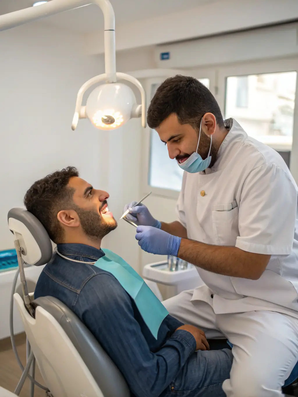A dentist using a digital X-ray machine to examine a patient's teeth, emphasizing the reduced radiation and enhanced diagnostic capabilities at Clinica Dentale Duomo.