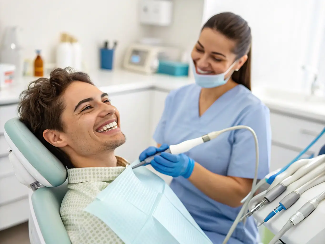 A dentist performing a professional teeth cleaning, with a focus on the tools and techniques used to remove plaque and maintain oral hygiene. The image should convey cleanliness and precision.