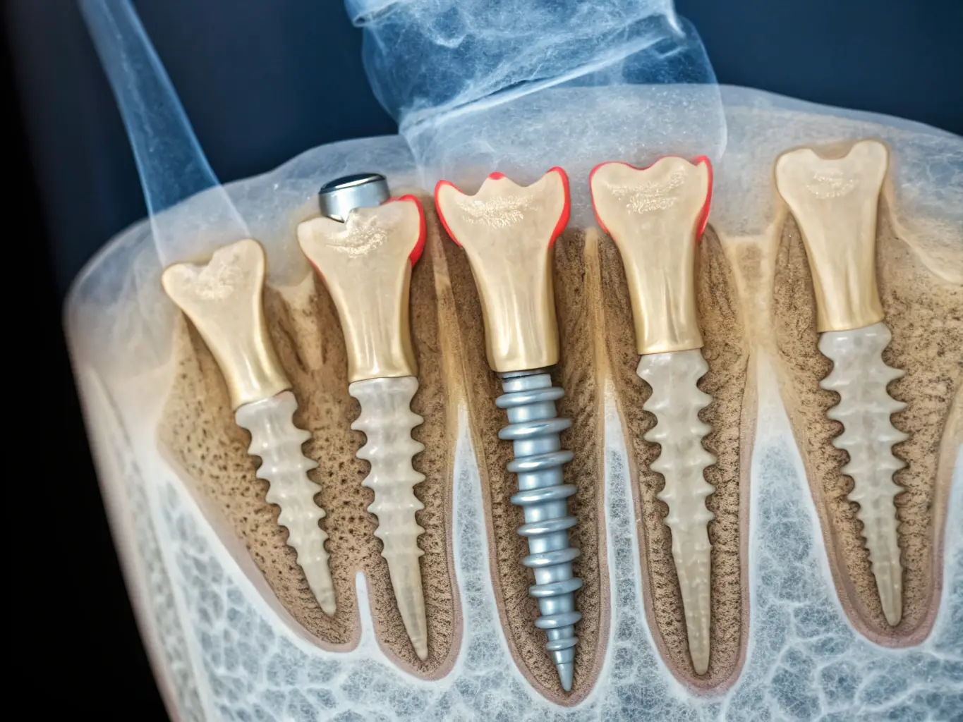 An X-ray image showing a dental implant seamlessly integrated into the jawbone, highlighting the stability and natural appearance of the implant. The image should convey durability and functionality.