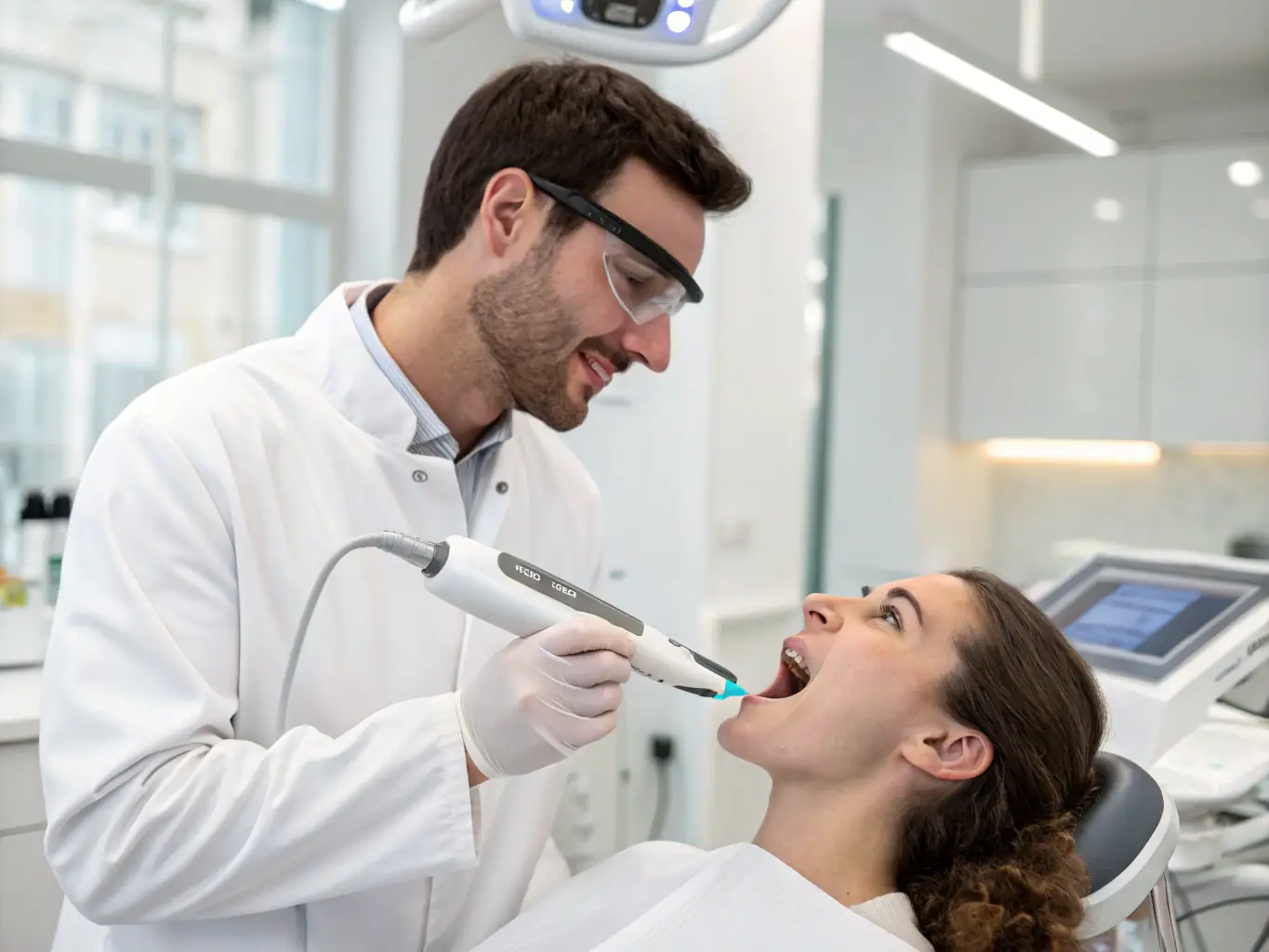 A dentist using digital scanning technology to create a precise 3D model of a patient's teeth, showcasing the clinic's commitment to advanced diagnostics and treatment planning.