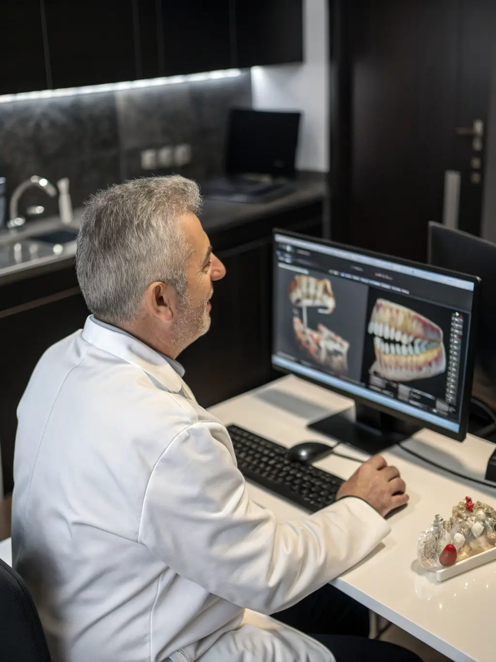 A dentist using CAD/CAM software to design a dental crown, showcasing the precision and customization options available at Clinica Dentale Duomo.