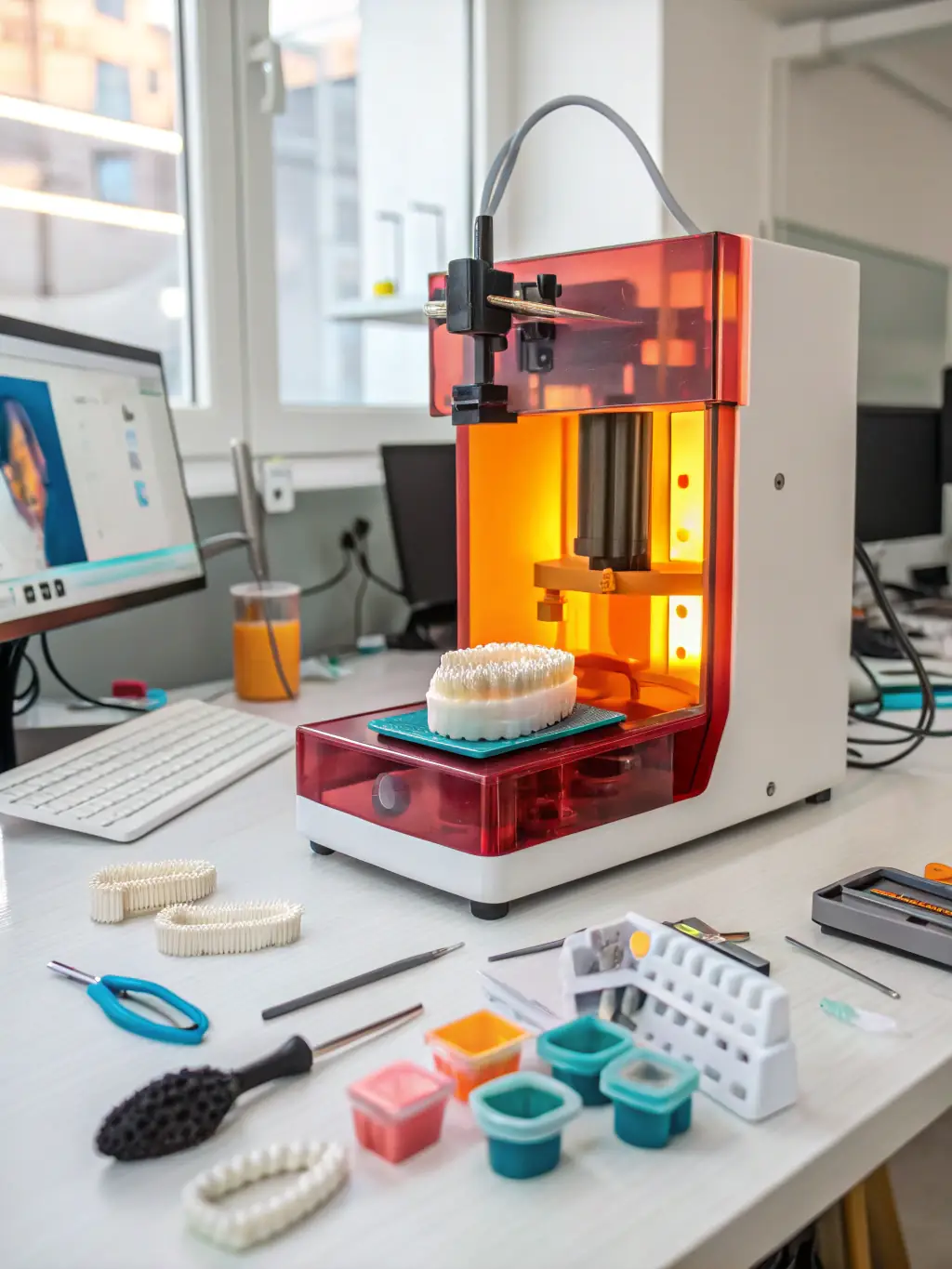 A close-up of a 3D printer creating a dental model, highlighting the speed and accuracy of creating custom dental appliances at Clinica Dentale Duomo.