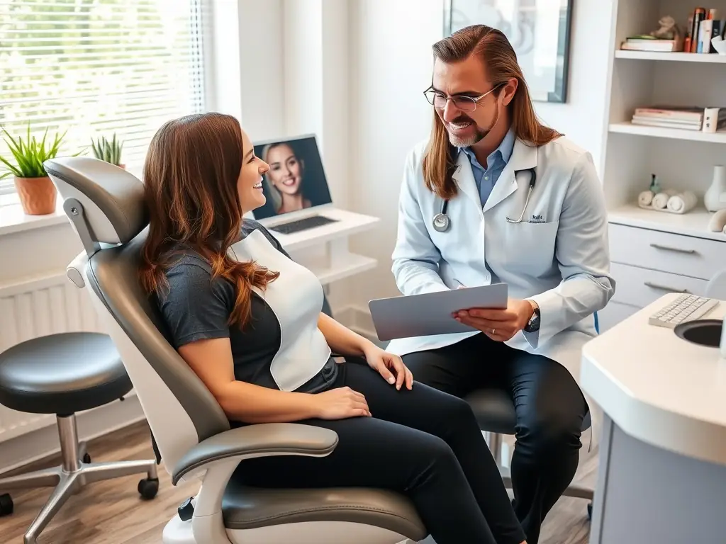 A dentist consulting with a patient, reviewing treatment options and explaining the benefits of each approach, emphasizing the clinic's patient-centered care.