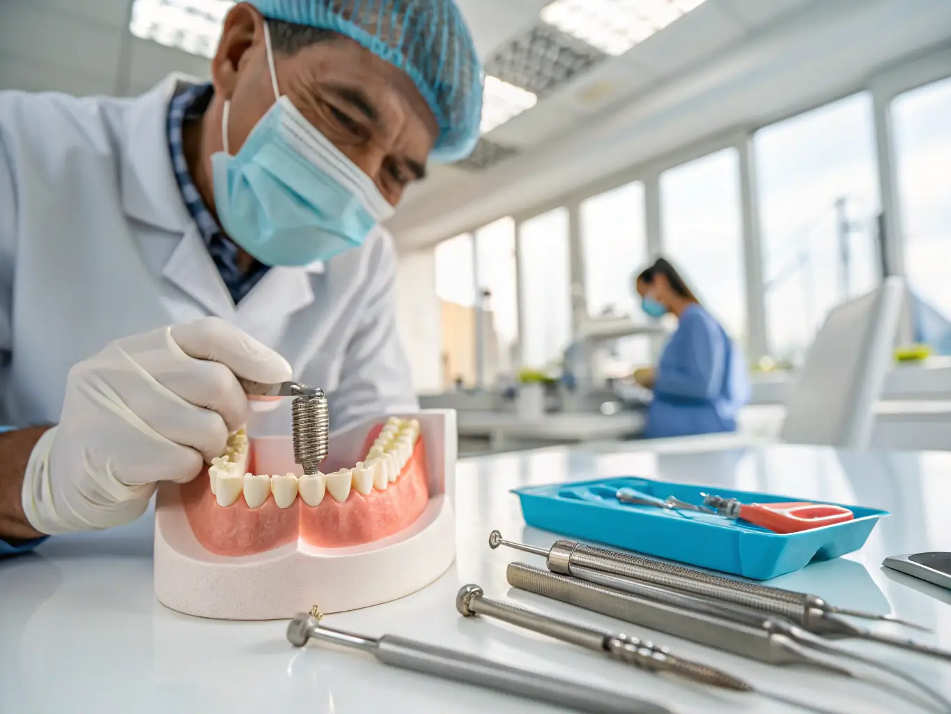 An image showing a dental implant being placed in a patient's jaw with digital planning tools visible, highlighting the precision and technology used in implantology at Clinica Dentale Duomo.